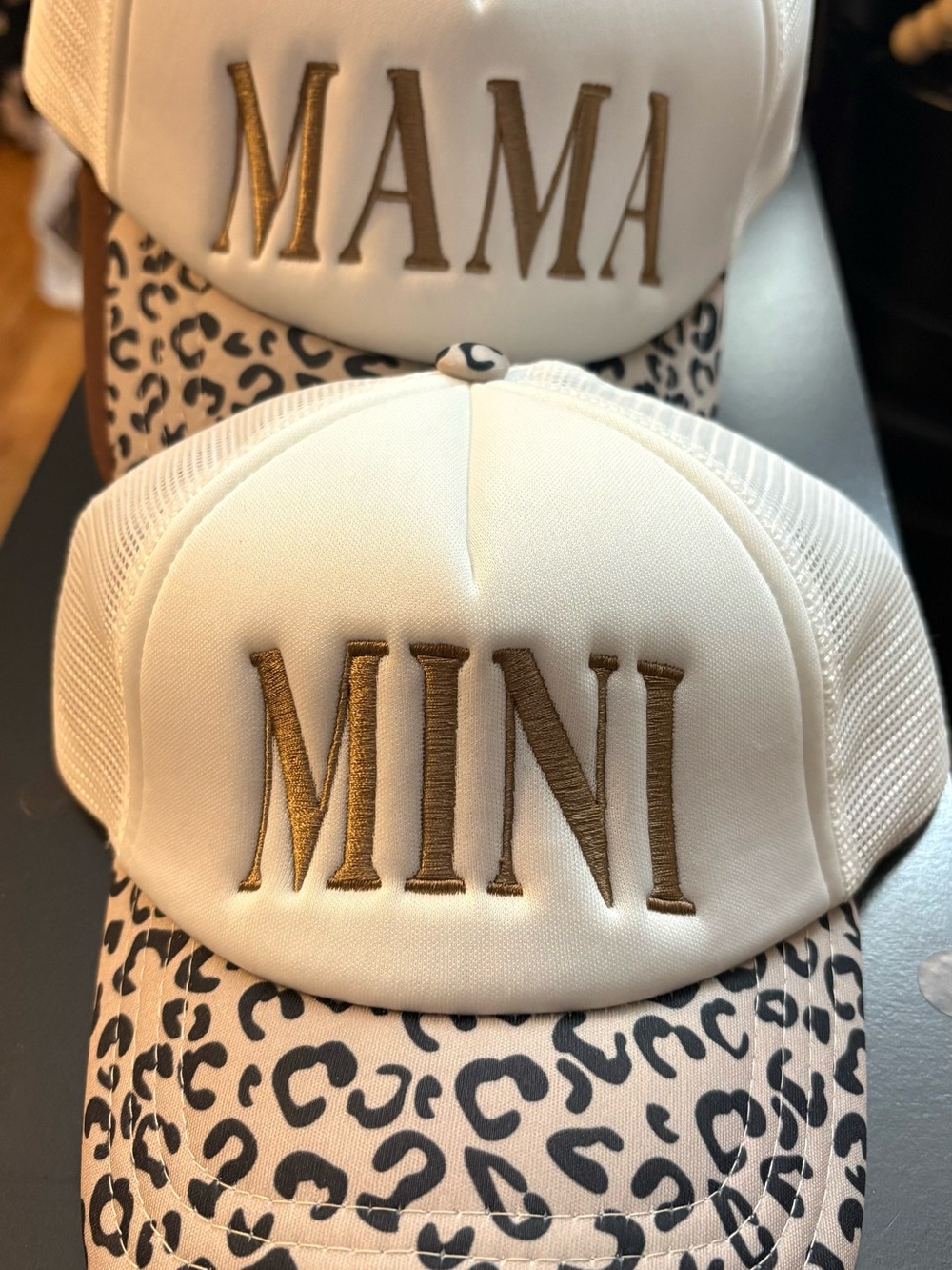 Mini Kids Trucker Hat in White with Gold Embroidery with Mama Trucker
